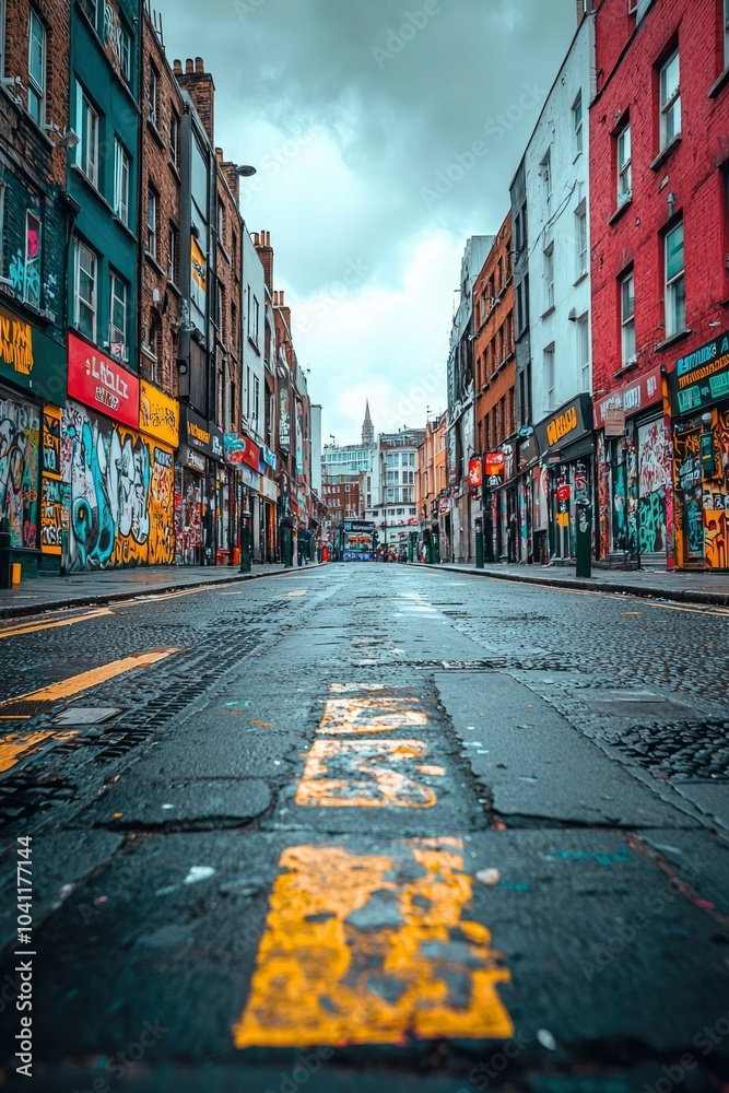 Fototapeta premium Empty Street in Urban City with Graffiti and Buildings