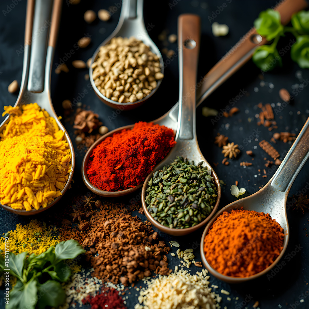 Colourful various herbs and spices in spoons for cooking on dark background selective focus Colourful various herbs and spices in spoons for cooking on dark background selective focus
