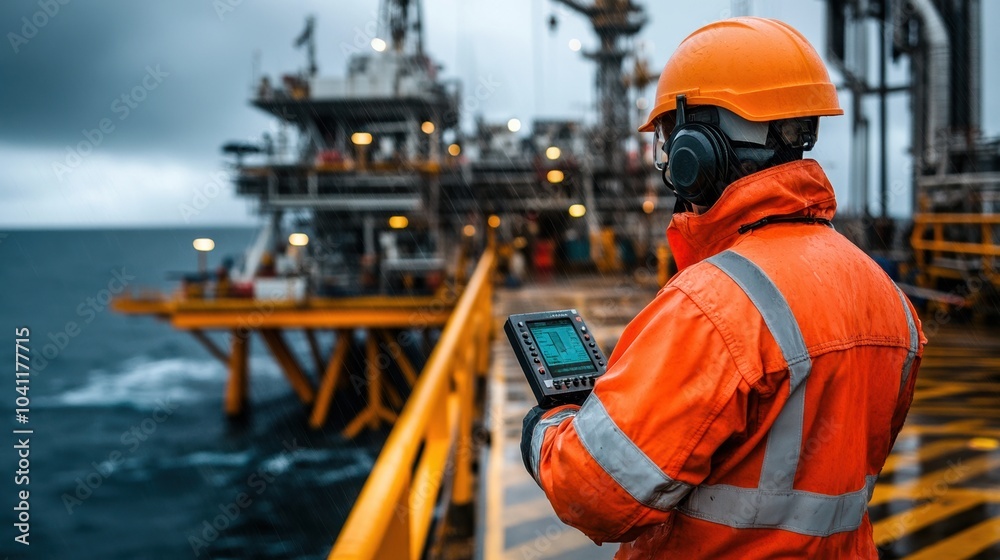 Worker in safety gear monitors equipment on offshore oil platform. Worker in safety gear monitors equipment on offshore oil platform.