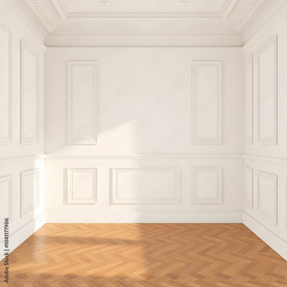 Fototapeta premium Classic interior wall with moldings Floor parquet herringbone Digital illustration3d rendering