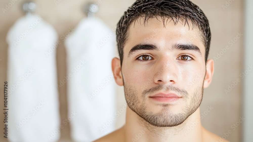 Obraz premium Young man with focused expression, natural light background.
