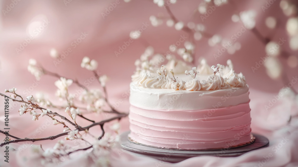 Fototapeta premium Pink layered cake with floral decorations on pastel background