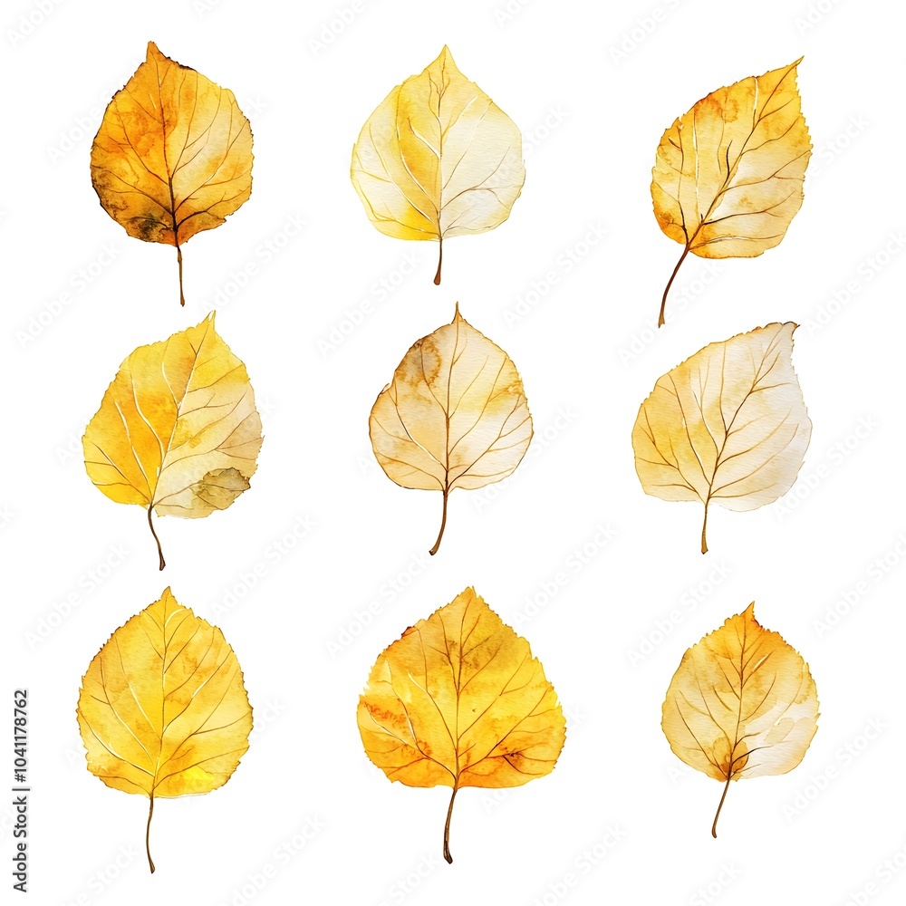 Delicate Watercolor Birch Leaves in Shades of Yellow and Gold against White Background Delicate Watercolor Birch Leaves in Shades of Yellow and Gold against White Background