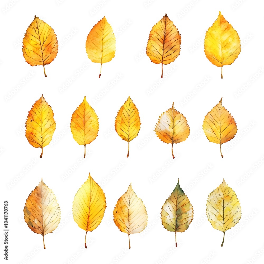 Delicate Autumn Watercolor Birch Leaves in Shades of Yellow and Gold on White Background Delicate Autumn Watercolor Birch Leaves in Shades of Yellow and Gold on White Background