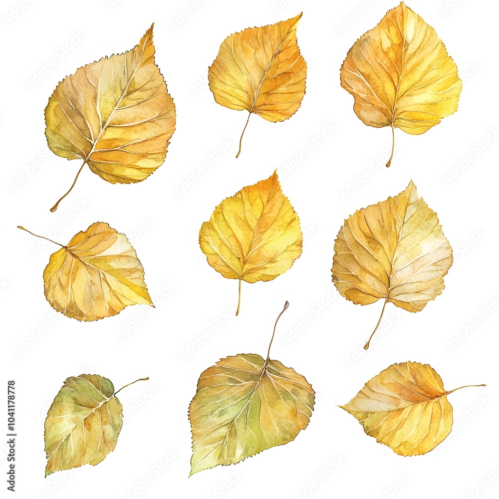 Obraz premium Delicate Watercolor Birch Leaves in Shades of Golden Yellow on White Background with Copy Space