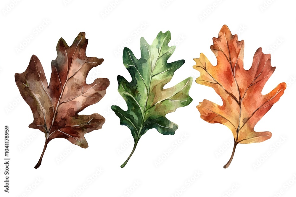 Fototapeta premium A Watercolor Oak Leaf Set in Earthy Tones of Brown Orange and Green Symbolizing Strength and Resilience Isolated on a White Background