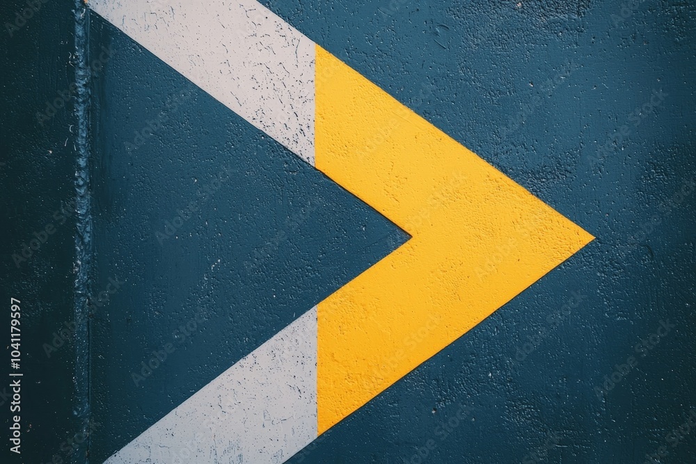 The image shows a bold yellow painted arrow standing out against a textured blue concrete wall, creating a striking contrast between the bright arrow and the cool-toned background. The image shows a bold yellow painted arrow standing out against a textured blue concrete wall, creating a striking contrast between the bright arrow and the cool-toned background.