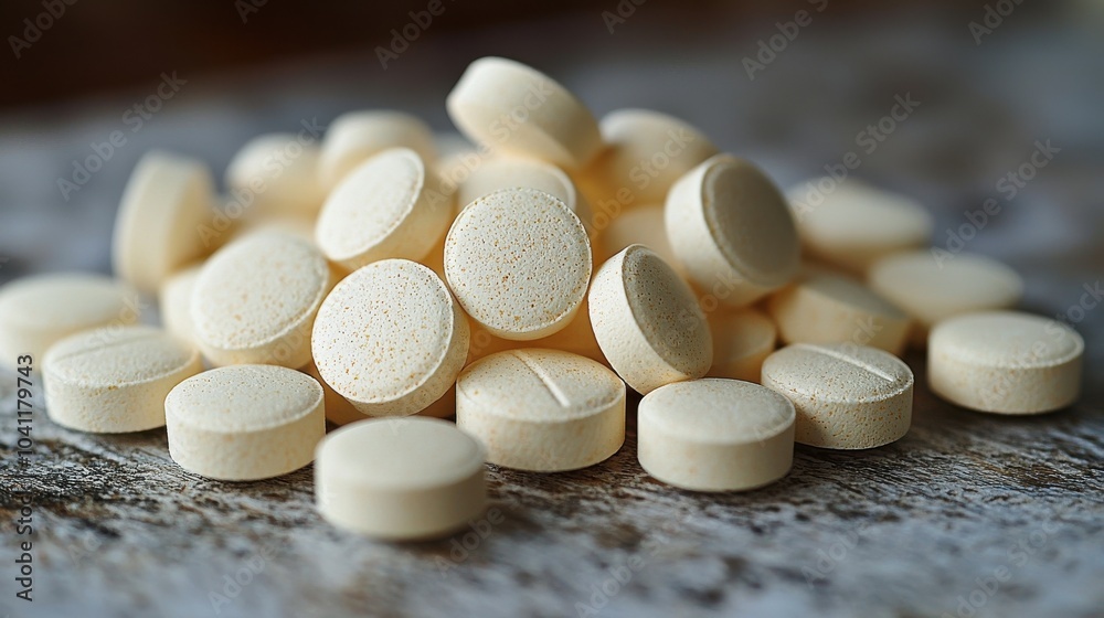 Yellow tablets scattered on a rustic wooden surface, showcasing their round shape and texture in natural light Yellow tablets scattered on a rustic wooden surface, showcasing their round shape and texture in natural light