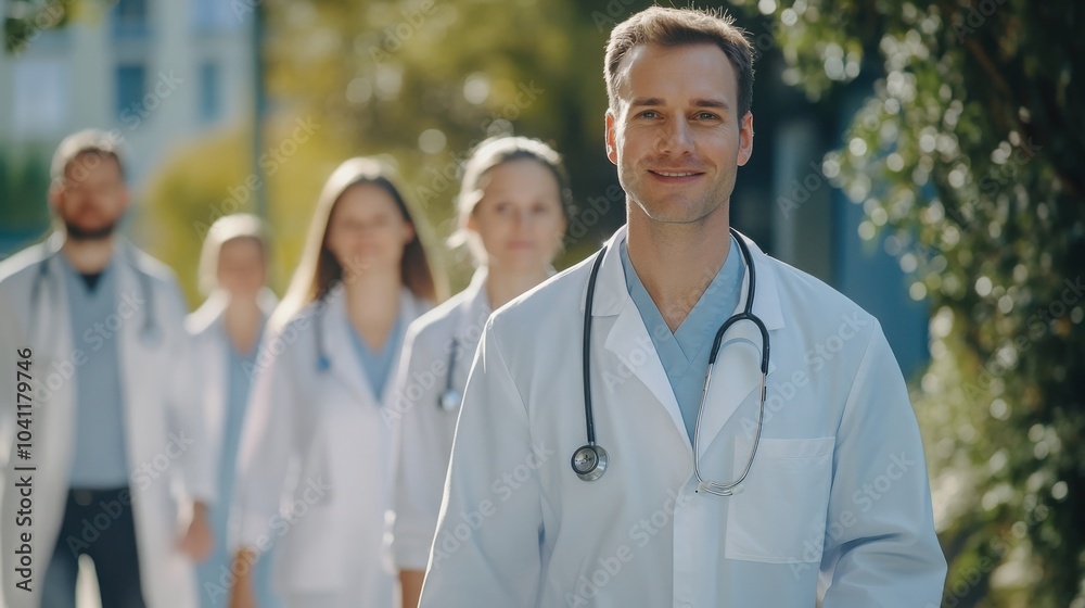 A group of osteopaths in their 20s-30s, walking confidently towards the camera, with chest out. A group of osteopaths in their 20s-30s, walking confidently towards the camera, with chest out.