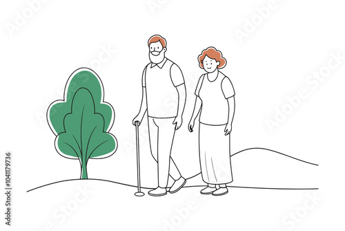 Elderly couple enjoying a leisurely walk in the park isolated continuous line art flat vector illustration on white background.