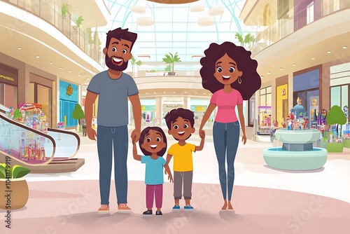 Flat illustration of a family couple walking leisurely in a mall and shopping center. Casual shopping enjoying a holiday and shopping for food needs