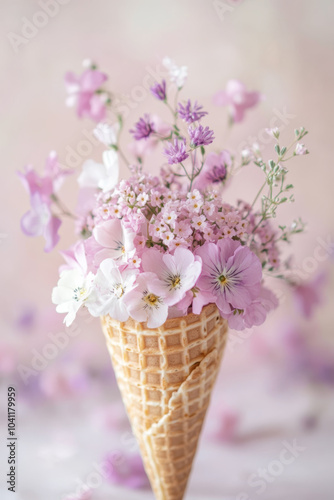 Pastel-Colored Flowers in a Waffle Cone