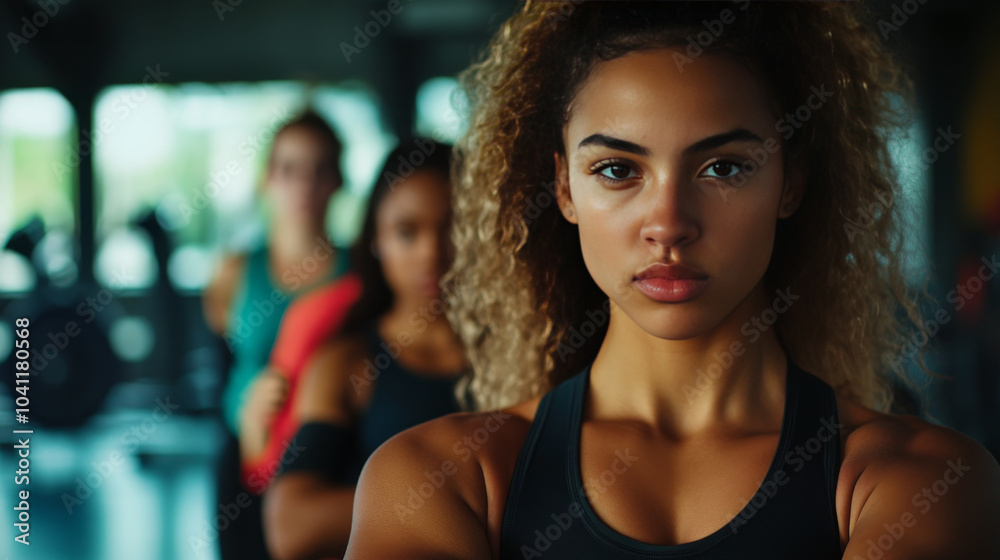 Fototapeta premium Focused young women in fitness class, diverse backgrounds