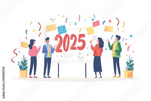 Flat illustration of a group of people welcoming the new year 2025 on an office whiteboard with new ideas and work targets in the new year