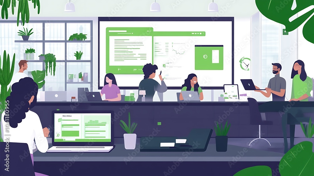 modern office with flower vase, worker at work desk with comfortable room design modern office with flower vase, worker at work desk with comfortable room design