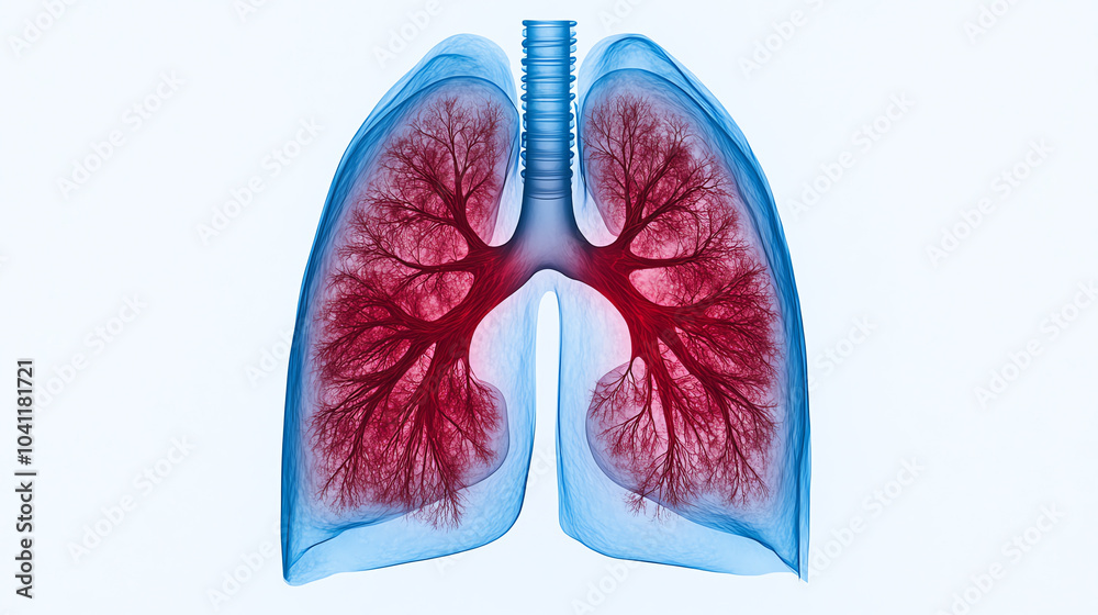 Detailed anatomical illustration of human lungs showcasing intricate bronchial structures in vibrant red and blue colors on a white background. Detailed anatomical illustration of human lungs showcasing intricate bronchial structures in vibrant red and blue colors on a white background.