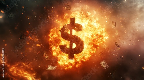 A fiery explosion with a dollar sign in the middle, with dollar bills flying out.