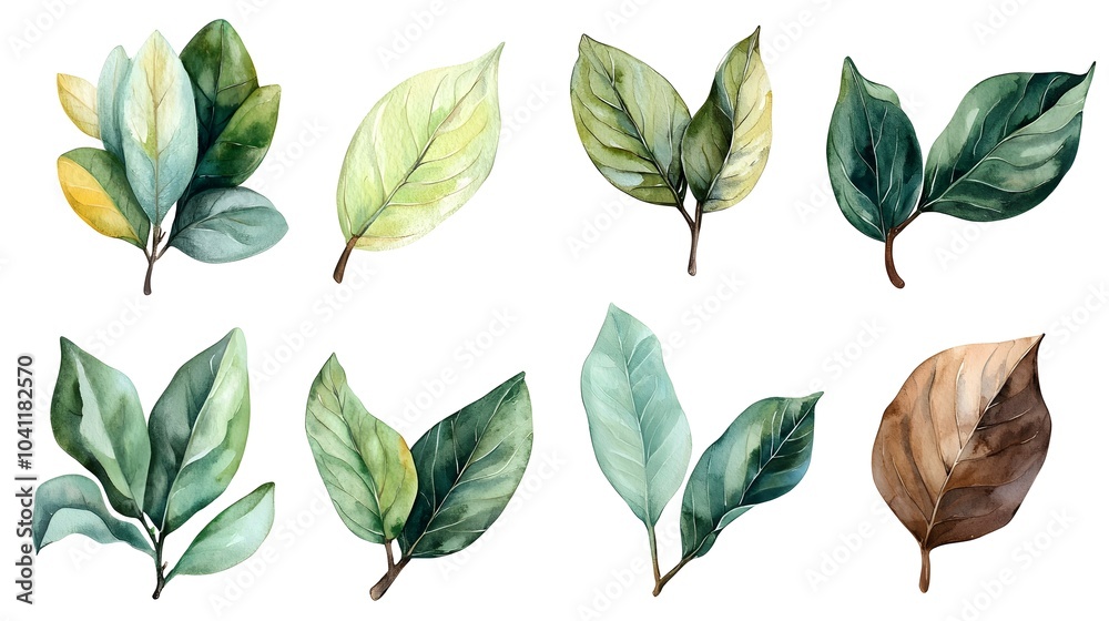 Obraz premium Watercolor Magnolia Leaves in Rich Green and Brown Tones on White Background