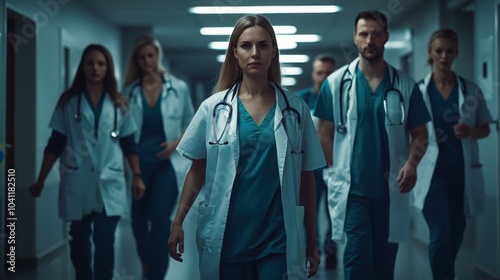 A team of doctors in their 20s-30s, walking in a movie-like group, shot from the front, camera away, chest out.