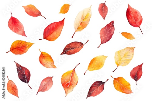 Vibrant Watercolor Autumn Leaves Scattered in Fiery Red Orange and Yellow Hues on a Crisp White Background