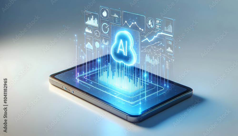 3D Floating Holographic Tablet with AI Data Charts � Glowing Growth Trends Projected in Minimalist Background, Isolated on White for Technological Expertise and Innovation 3D Floating Holographic Tablet with AI Data Charts � Glowing Growth Trends Projected in Minimalist Background, Isolated on White for Technological Expertise and Innovation