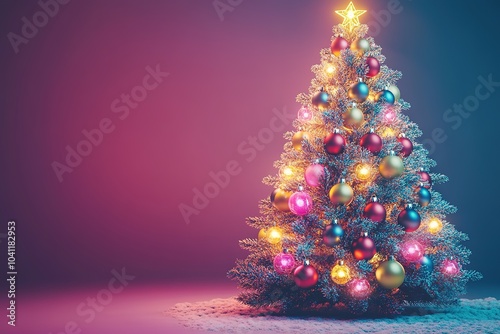 Illuminated Christmas tree with colorful ornaments and star