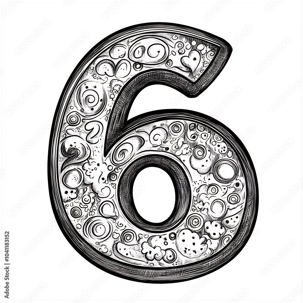 Handdrawn Numeric Number 6 With A Delightful Black Outline On A White 