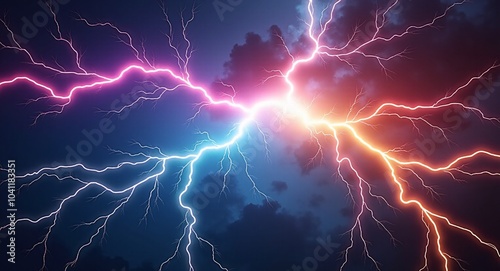 Colorful Lightning Background with Black Sky, Blue Clouds, and Striking Red and Yellow Lightning