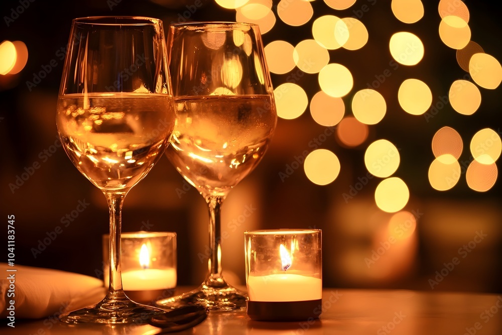 Candlelit Dinner Setting with Reflecting Wine Glasses Symbolizing Romance and Intimacy Candlelit Dinner Setting with Reflecting Wine Glasses Symbolizing Romance and Intimacy