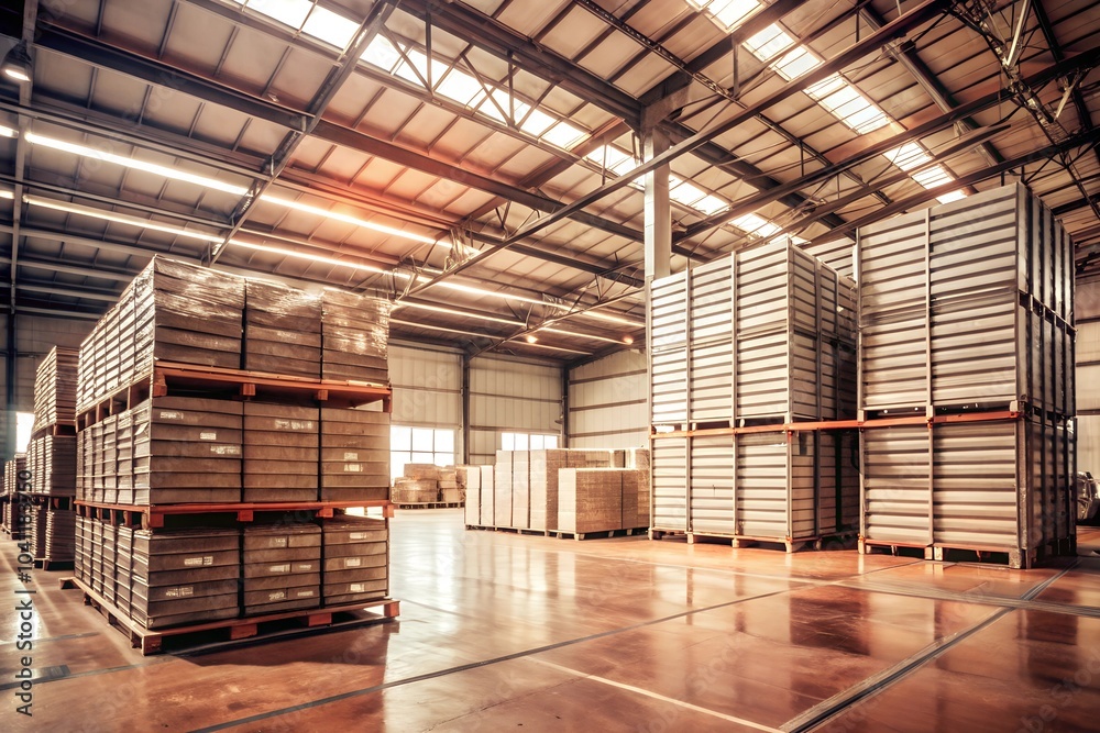 A cold storage warehouse with thick metal walls, no insulation, large open space with stacked materials, minimalist industrial design A cold storage warehouse with thick metal walls, no insulation, large open space with stacked materials, minimalist industrial design