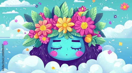 Playful drug character, adorned with floral leaf crown, flat design