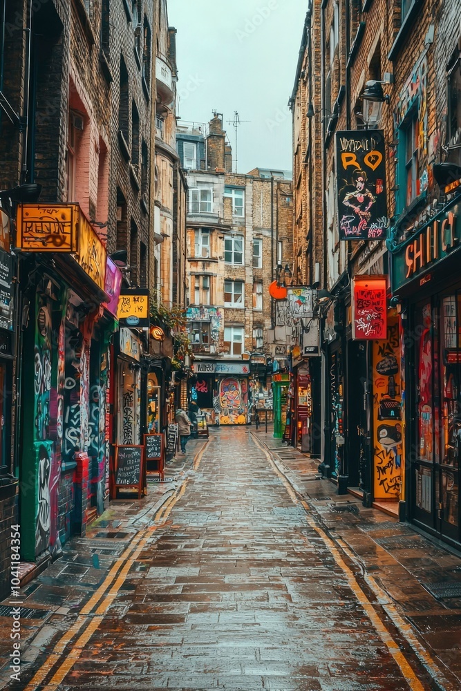 Fototapeta premium Narrow Cobblestone Alleyway in a City with Graffiti and Shops
