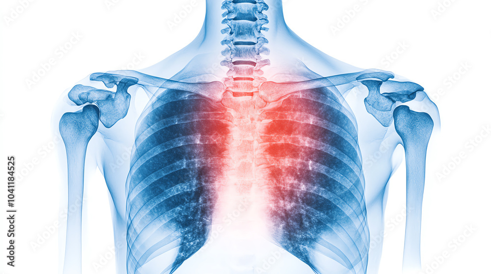 X-ray image of a human chest highlighting the ribs, spine, and lungs with a focus on the central region, showcasing potential abnormalities. X-ray image of a human chest highlighting the ribs, spine, and lungs with a focus on the central region, showcasing potential abnormalities.