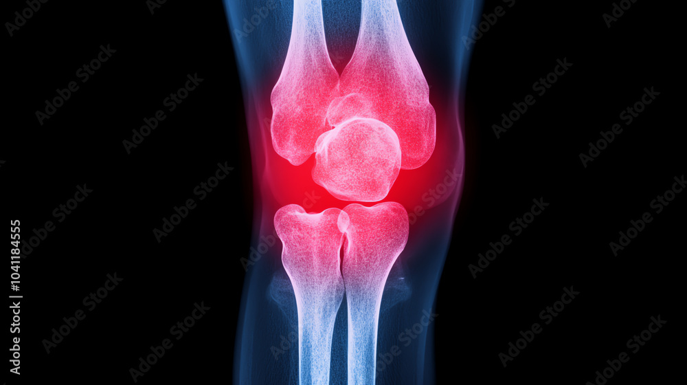 X-ray image of a human knee joint highlighting inflammation with a glowing red area, showcasing the structure and concerns related to joint health. X-ray image of a human knee joint highlighting inflammation with a glowing red area, showcasing the structure and concerns related to joint health.