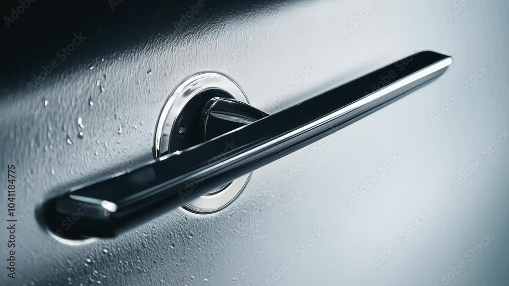 Close-up of modern car door handle with raindrops on metallic surface Close-up of modern car door handle with raindrops on metallic surface