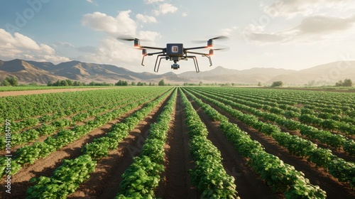 An AIpowered autonomous farm with robotic harvesters and drones, symbolizing the future of agriculture photo