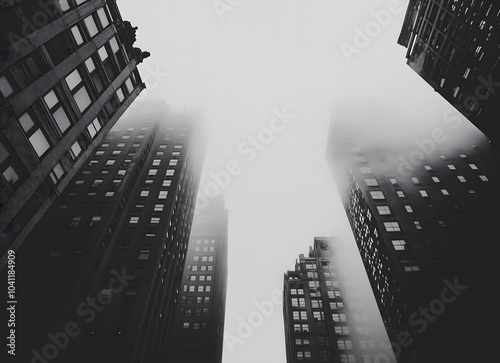 City skyline, buildings covered in fog, gray sky