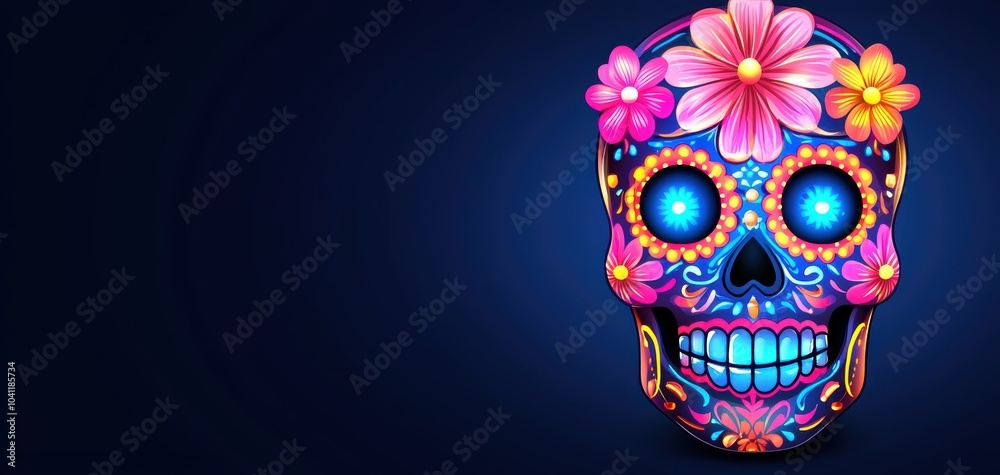 Luminous sugar skull with neon floral patterns, glowing pink and blue, intricate details