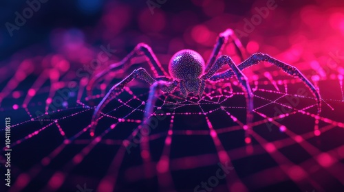 A 3D digital spider web with a search engine robot navigating it, symbolizing the webcrawling function of search engines photo