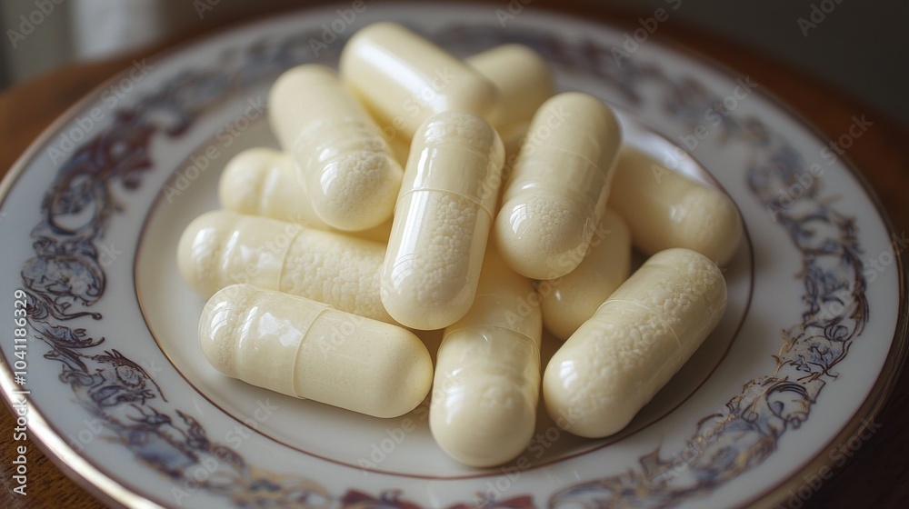 Yellow capsules neatly arranged on a decorative plate during daylight in a cozy indoor setting Yellow capsules neatly arranged on a decorative plate during daylight in a cozy indoor setting