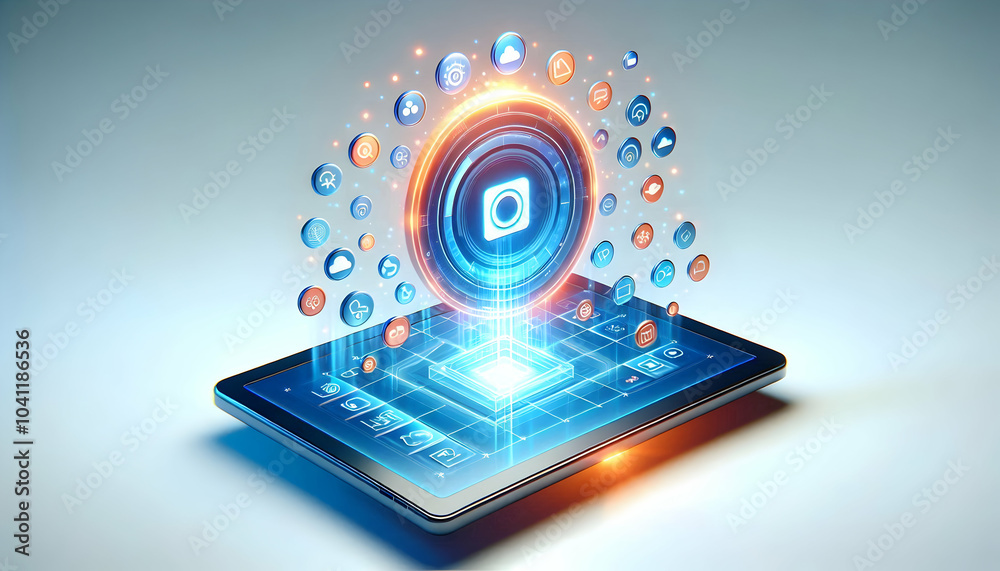 3D Floating Tablet Glowing Holographic App Interface Concept Mastering App Trends Technology Innovation Isolated Icon White Background 3D Floating Tablet Glowing Holographic App Interface Concept Mastering App Trends Technology Innovation Isolated Icon White Background