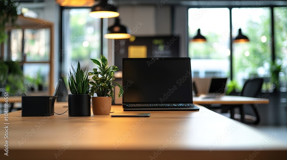 Modern Workspace with Laptops and Plants Modern Workspace with Laptops and Plants