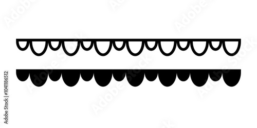 Scalloped edge seamless strokes set. Simple scalloped border. Fabric laces silhouette. Repeat cute vintage frill ornament. Texture ribbons. Vector illustration isolated on white background.