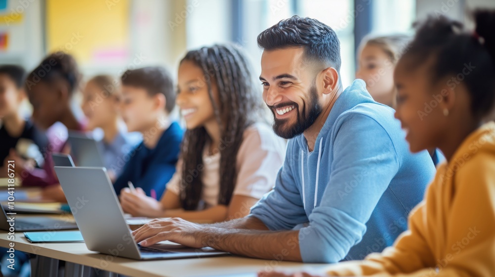 Engaged teacher smiling with students in classroom, laptops, learning environment Engaged teacher smiling with students in classroom, laptops, learning environment