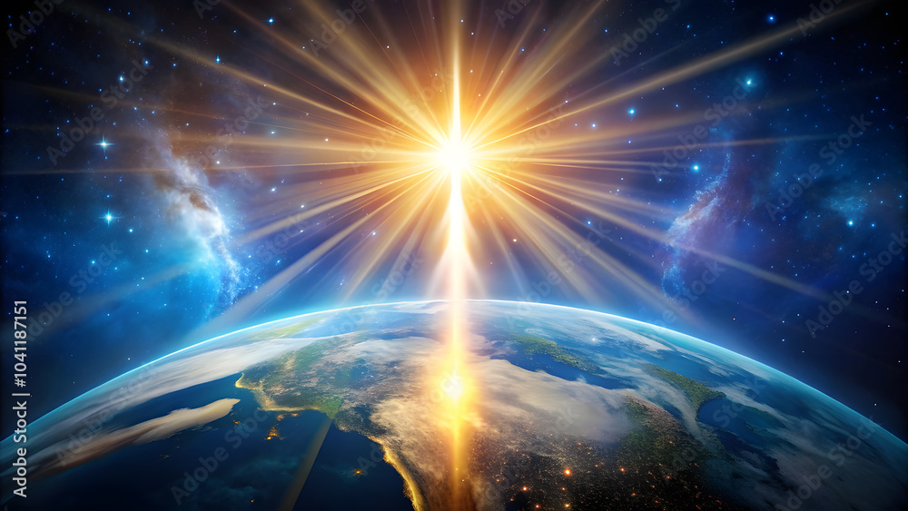 Fototapeta premium Gentle Light from the Universe Touching Earth, Symbolizing Spiritual Blessings. Perfect for: World Meditation Day, spiritual retreats, Earth blessings ceremonies