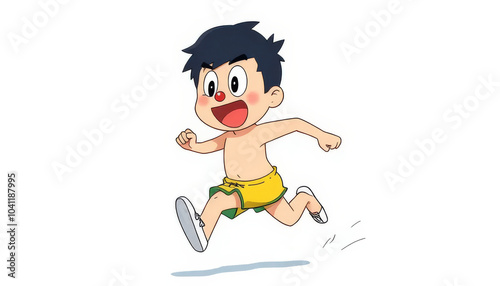 A cartoon boy is running with his arms outstretched