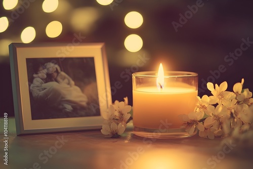 Glowing Candle Illuminating a Framed Photograph Surrounded by Delicate Flowers a Tribute to Cherished Memories