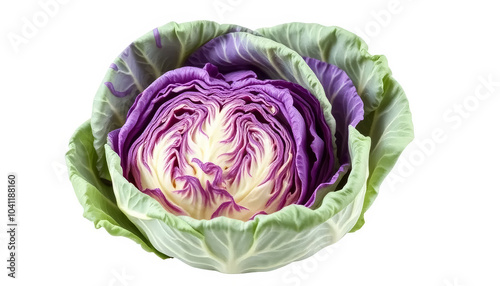 A purple and green cabbage is sitting on a white background