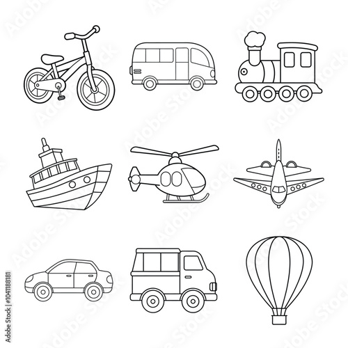 Cute Vehicles on the Move Line Art Bundle Vector – Car, Truck, Bus, Airplane, Helicopter, Train, Boat, Bicycle, Hot Air Balloon photo