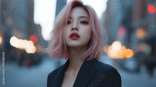 Stylish woman with pink hair standing in a cityscape, softly illuminated by urban lights.